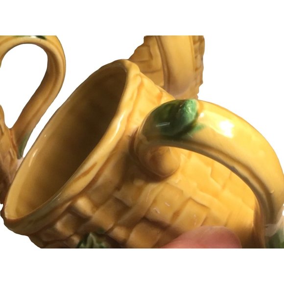 Vintage Ceramic Coffee Mugs Cups Yellow Basket Weave with Peaches on Front #5349 - Picture 5 of 8